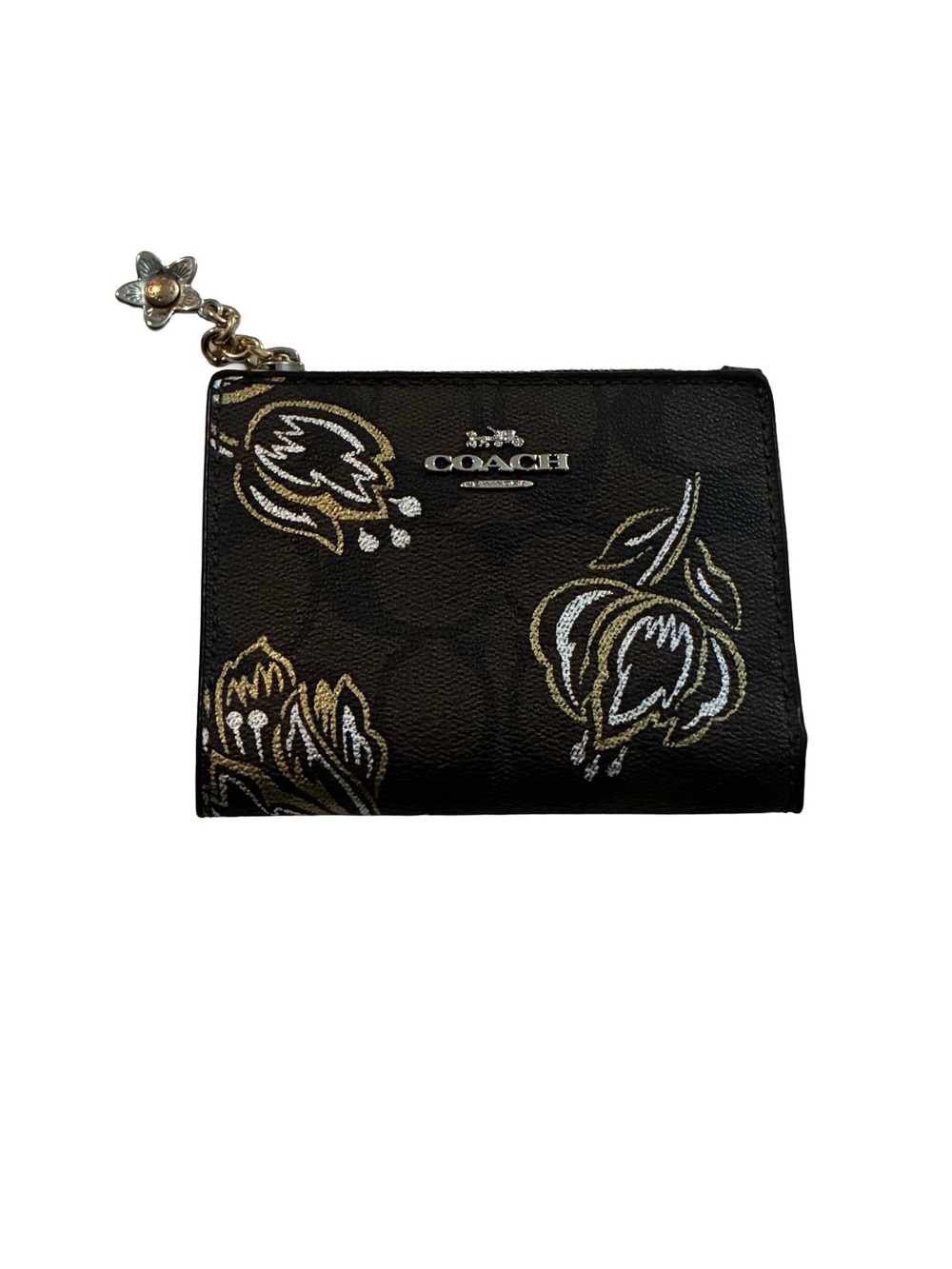 Coach Brown Metallic Floral Print With Charm Snap Card Case